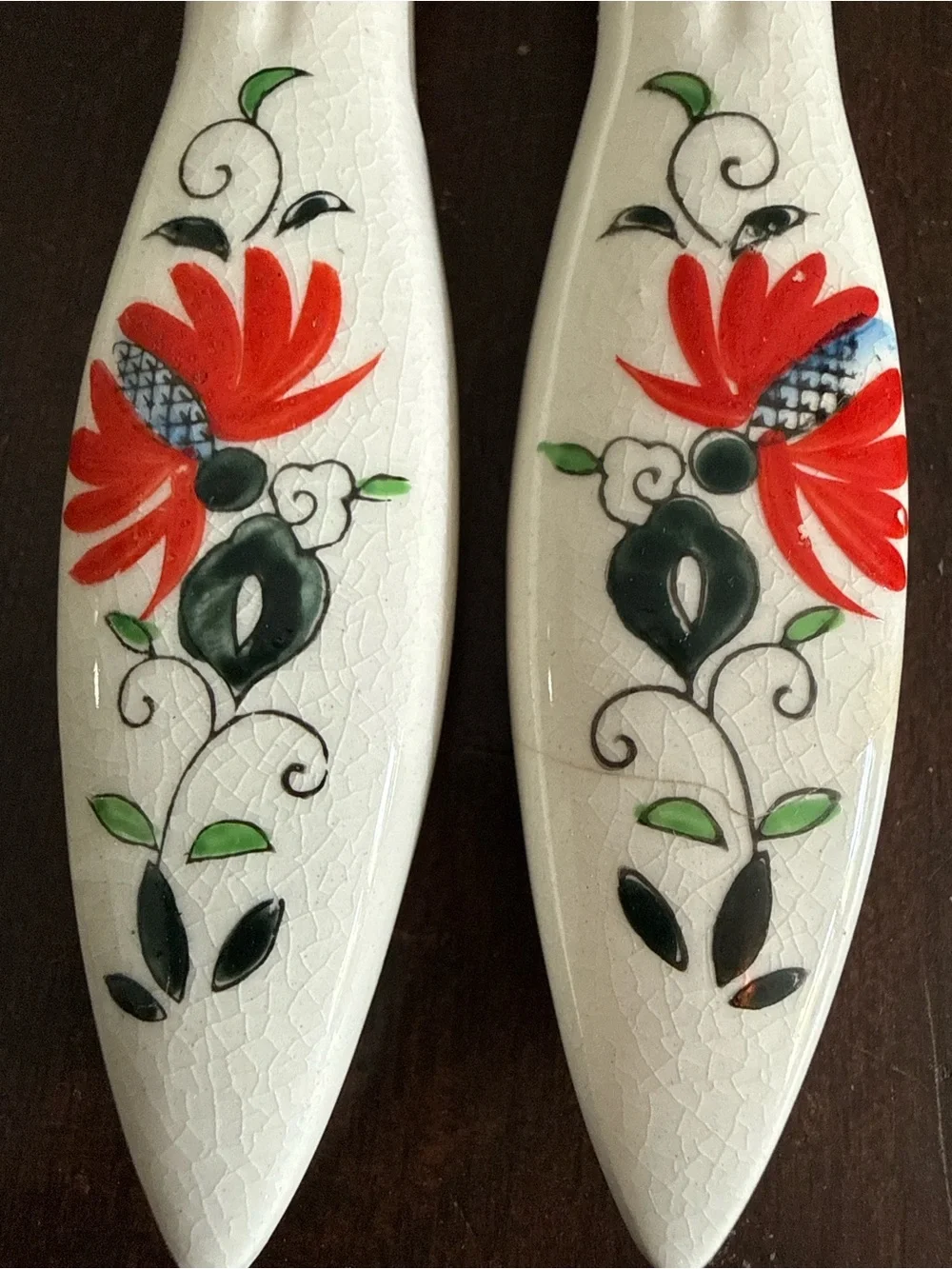 Vintage Hand Painted Ceramic & Wood Salad Serving Set Folk Art Floral Spoon Fork
